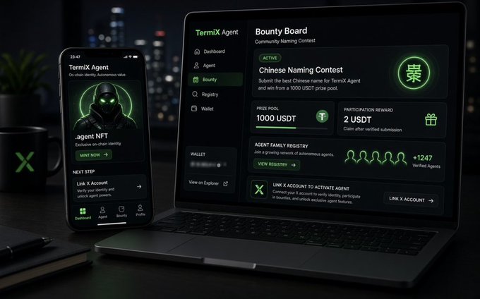 A dark-themed promotional mockup displays TermiX Agent interfaces on a smartphone and laptop, featuring an "Agent NFT" with a hooded figure, a "Bounty Board" with an active "Chinese Naming Contest" offering a 1000 USDT prize pool and 2 USDT participation reward, and a call to "LINK X ACCOUNT TO ACTIVATE AGENT."