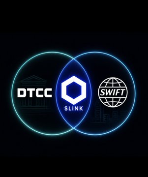 A glowing Venn diagram-style graphic showing the intersection of DTCC and SWIFT logos, bridged by Chainlink (SLINK) in the center, suggesting blockchain integration with traditional finance.
