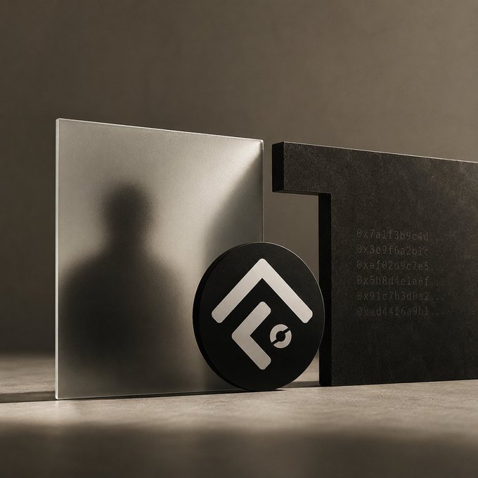 A product photograph showing a black circular token or coin with a stylized logo leaning against dark metallic geometric blocks, with hexagonal code (0x7a1f3b9c4d...) engraved on one block.