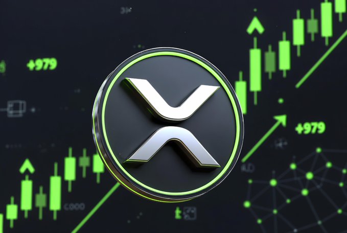 Promotional graphic featuring the XRP (Ripple) cryptocurrency logo as a metallic silver coin against a dark background with green candlestick charts and upward arrows indicating price growth.