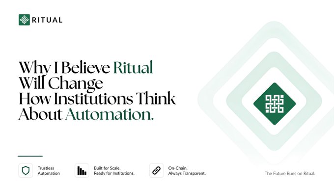 A minimalist advertisement for 'RITUAL' with the headline 'Why I Believe Ritual Will Change How Institutions Think About Automation,' highlighting features like Trustless Automation, Built for Scale, and On-Chain transparency.