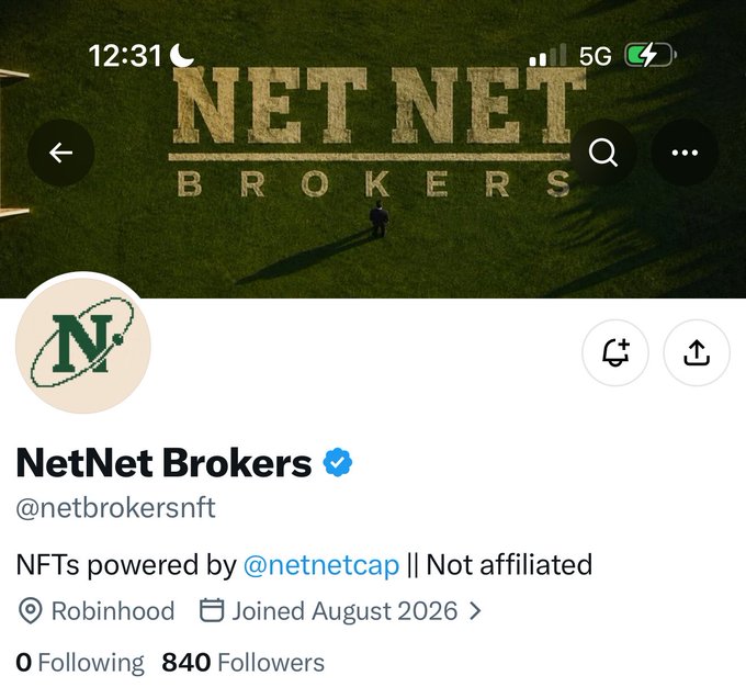 The image shows a Twitter/X profile for "NetNet Brokers" (@netbrokersnft), an NFT platform powered by @netnetcap, featuring a verified badge with 840 followers and a cover image displaying "NET NET BROKERS" on grass. The accompanying post announces a collaboration with @netbrokersnft, aligning with the profile's NFT-powered branding visible in the screenshot.