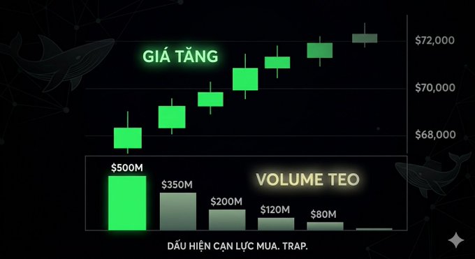 A financial chart with green candlesticks showing an upward trend, labeled with 'GIÁ TĂNG', and volume bars decreasing, labeled 'VOLUME TEO', with the text 'DẤU HIỆU CẢN LỰC MUA, TRAP.' at the bottom.