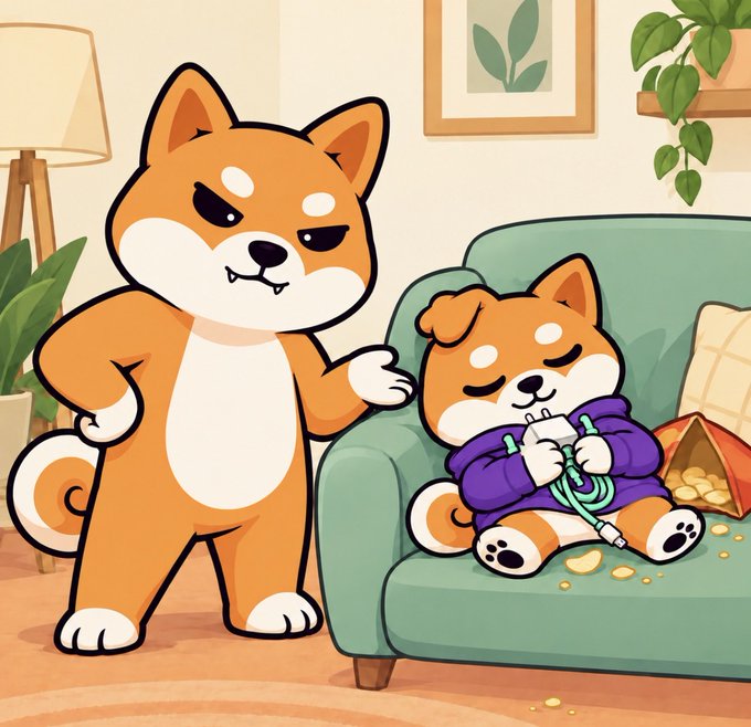 A cartoon illustration of two Shiba Inu dogs in a living room; one stands looking annoyed while the other, wearing a purple hoodie, sits on a green couch drinking a beverage and eating chips.