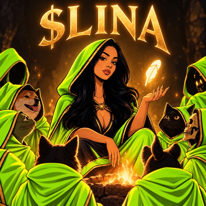 A digital illustration featuring a woman with long dark hair in a green hooded cloak sitting cross-legged at a campfire, conjuring a glowing yellow crystal, surrounded by hooded figures including a Shiba Inu dog, a black cat, a skull, and shadowy silhouettes, with the word "$LINA" displayed prominently in golden lettering at the top, promoting her tokenization on Robinhood.