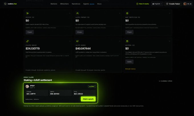 Screenshot of a cryptocurrency website called re.al showing various fees, staking rewards ($24.130779 and $40.047444), and an epoch claim section for $LRT and $DEFI tokens.