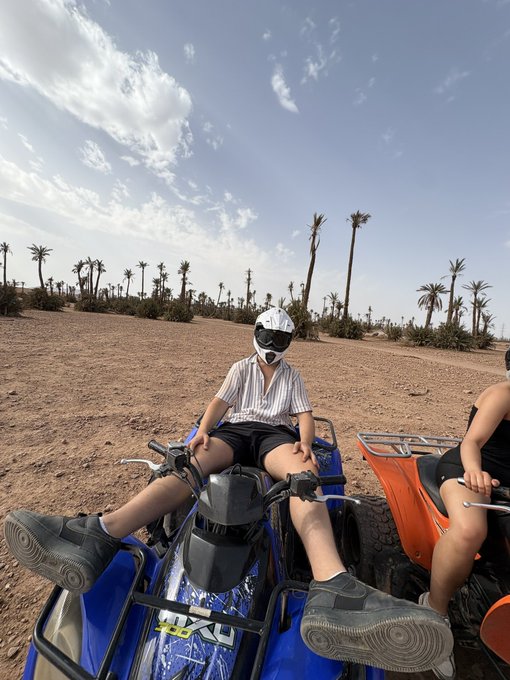 A person wearing a white motorcycle helmet, sunglasses, and a striped shirt sits on a blue ATV in a desert landscape with palm trees.