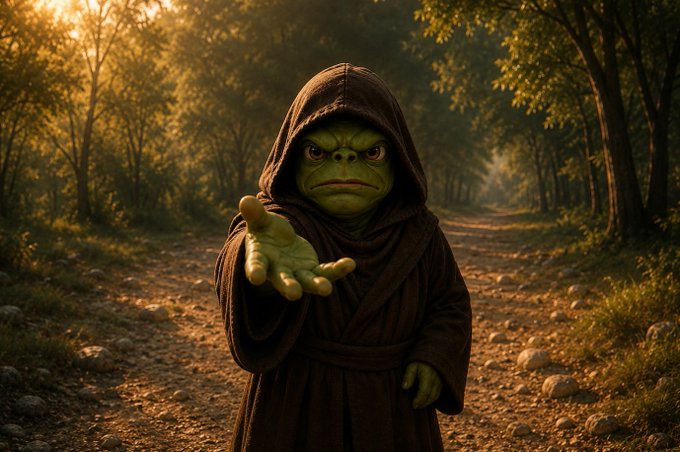 A green-skinned, goblin-like creature in a brown hooded robe reaches out its hand on a sunlit forest path, inviting viewers into the adventure. The mystical figure's welcoming gesture reinforces the "Join the Adventure" call-to-action by embodying the magical journey that awaits.