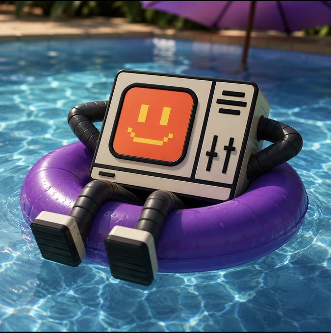 A 3D-rendered retro television robot character with a smiley face on its screen, sitting on a purple inner tube floating in a clear blue swimming pool.