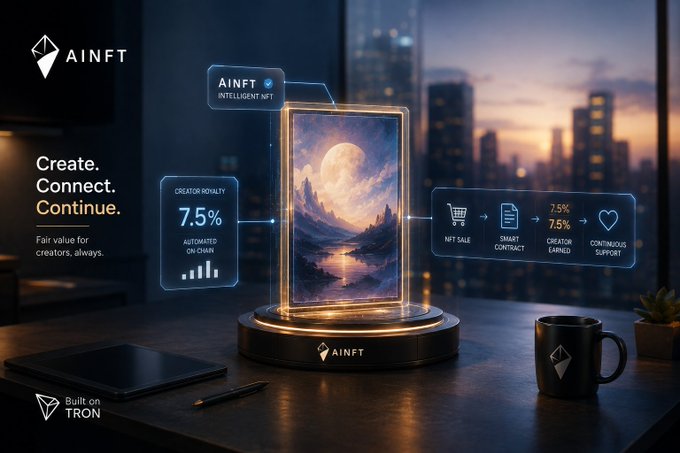 Promotional graphic for 'AINFT' (Intelligent NFT) built on TRON, featuring the tagline 'Create. Connect. Continue.' and highlighting a 7.5% creator royalty on-chain.
