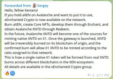 A forwarded Telegram message from Sergey announces that xEnchanted Crypto is now live on Avalanche, allowing users to create Core NFTs via EnChant and obtain Avalanche XNTD through Redeen. The post aligns with the claim that $XEN is launching a multi-chain project to unite minters on #X1 via xenchanted.com.
