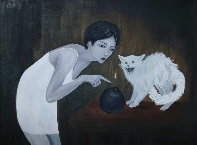 The image features a woman dressed in white, standing next to a cat that appears to be angry at her for pointing something out with a flame. The scene takes place around an oil painting of a table where the woman and the cat are located. The painting is quite large, spanning across most of the frame. The post includes text that reads "GM Unpredictable You always do it... without any thought or idea... suddenly and unexpectedly."
