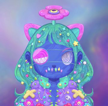 A colorful digital artwork depicts a blue creature with green hair, a flower on its head, mismatched eyes, and a decorated body with stars and sweets.