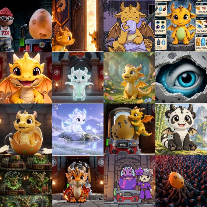 A 4x3 grid collage featuring various AI-generated dragon and monster characters in different scenarios.