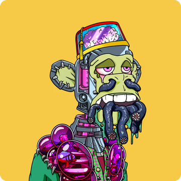 A cartoon illustration of a green-skinned, octopus-like character with a beard and metallic headpiece holding pink spheres on a yellow background.