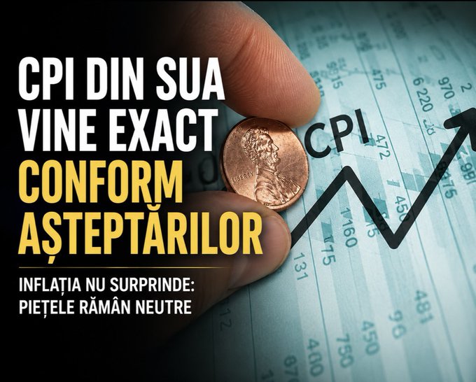 A financial news graphic featuring a hand holding a penny over financial charts, with Romanian text reading 'CPI DIN SUA VINE EXACT CONFORM AȘTEPTĂRILOR' and 'INFLAȚIA NU SURPRINDE: PIEȚELE RĂMÂN NEUTRE.'