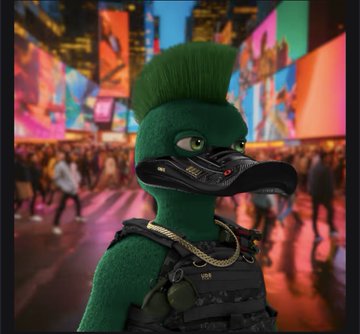 A surreal 3D-rendered green duck character with a mohawk, tactical vest, and futuristic night-vision goggles stands in front of a neon-lit Times Square backdrop.