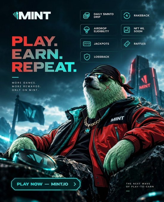 A promotional advertisement for 'MINT' featuring an anthropomorphic bear character wearing sunglasses, a red jacket, and gold chains, with the text 'PLAY. EARN. REPEAT.' and 'PLAY NOW — MINT.IO' along with features like 'DAILY $MNTD DRIP' and 'RAFFLES'.