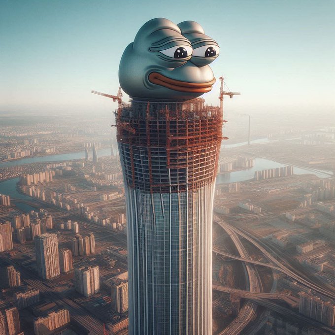 A surreal image of a skyscraper under construction topped with a giant Pepe the Frog emoji head, set against a hazy cityscape with a river and highways in the background.