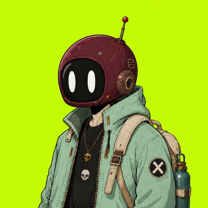 An illustrated character wears a vintage red space helmet with glowing white eyes, a teal jacket, skull necklace, and X-logo patch against a lime green background.