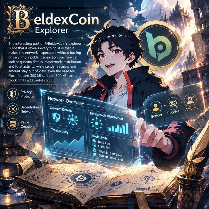 An anime-style promotional graphic for 'BeldexCoin Explorer', featuring a dark-haired male character holding glowing holographic displays of network statistics, with text describing its privacy-protected, decentralized features.