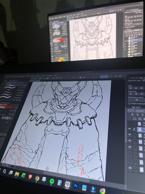 A computer monitor displaying digital art software with a black-and-white line art illustration of a horned, armored character on screen.