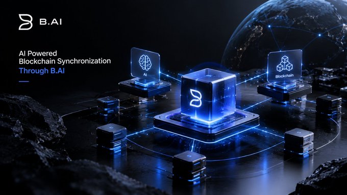 A digital graphic displays the text 'B.AI' and 'AI Powered Blockchain Synchronization Through B.AI' alongside glowing blue cubes labeled 'AI' and 'Blockchain' on a futuristic platform.