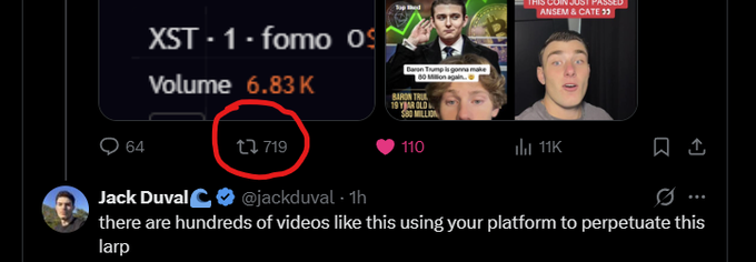 A screenshot of a tweet from Jack Duval (@jackduval) responding to a Twitter/X post with 110 likes and 11K views, highlighting the 719 retweets (circled in red) as evidence of bot activity promoting an $XST token endorsement by the FOMO crypto alert account, which shows "Volume 6.83K" and a claimed 30x gain. The image visually supports the post's allegation that the FOMO team is artificially inflating engagement on their promotion of the $XST token through botted retweets.