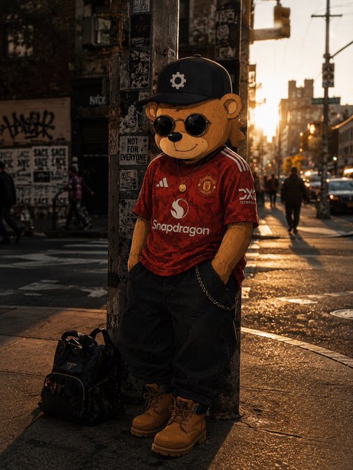 An AI-generated image of a teddy bear dressed in streetwear, wearing a black cap, sunglasses, a red Manchester United jersey with the Snapdragon logo, black cargo pants, and tan boots, leaning against a street pole.