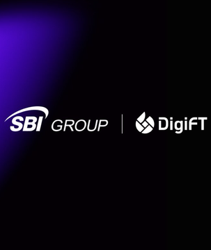 The image displays the white logos of "SBI Group" and "DigiFT" side-by-side against a dark black background with a purple gradient highlight, visually representing the partnership highlighted in the post about launching the JX tokenized equity product on Solana.