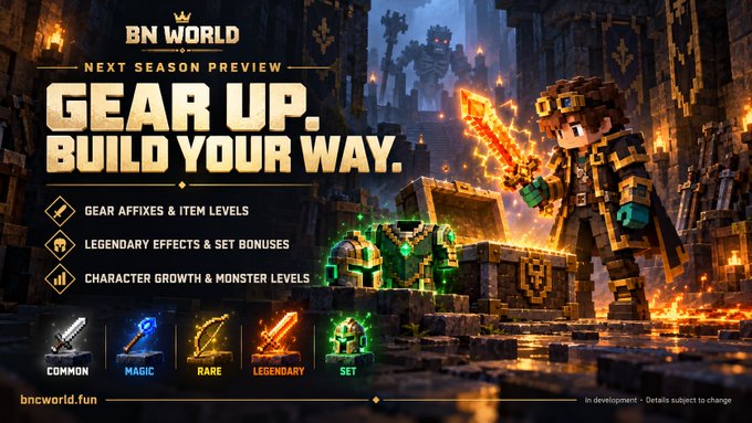 A promotional graphic for the game 'BN WORLD' showcasing a 'NEXT SEASON PREVIEW' with the tagline 'GEAR UP, BUILD YOUR WAY,' highlighting gear rarities like Common, Magic, Rare, Legendary, and Set.