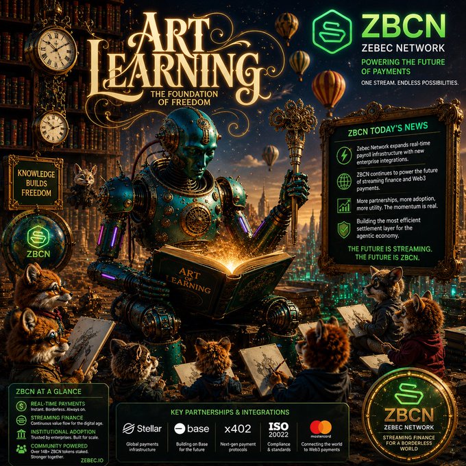 A promotional graphic for ZBCN (Zebec Network) featuring the text 'ART LEARNING THE FOUNDATION OF FREEDOM' alongside news about real-time payroll, streaming finance, and Web3 payments.
