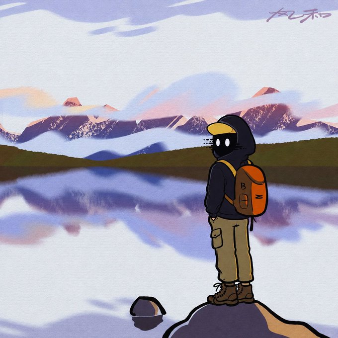 An illustration shows a figure with a backpack standing on a rock, gazing at a serene mountain lake reflection under a pastel sky.