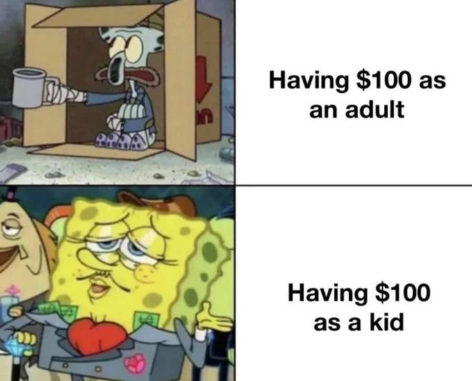 A meme contrasts SpongeBob characters to humorously show the difference in feelings of wealth: 'Having $100 as an adult' (depicting a poor-looking character in a box) versus 'Having $100 as a kid' (depicting a rich-looking SpongeBob covered in money).