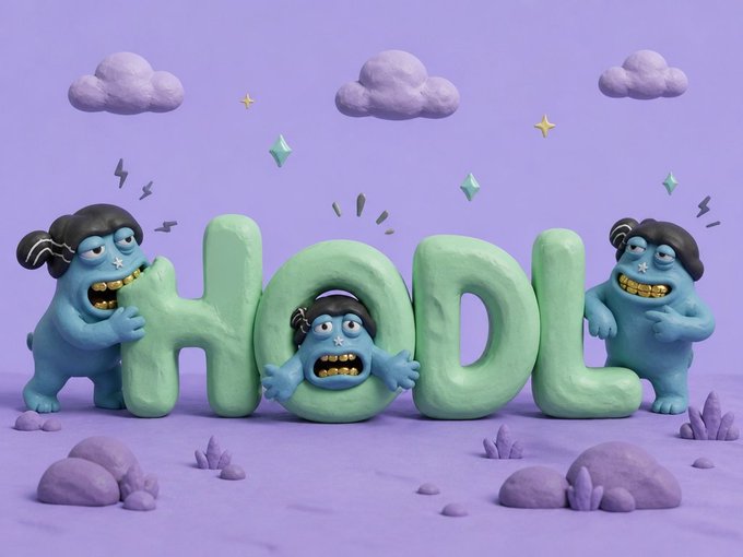 A whimsical 3D claymation-style illustration showing two blue monstrous characters with gold teeth holding up the word 'HOOD' in mint green letters against a purple background with clouds.