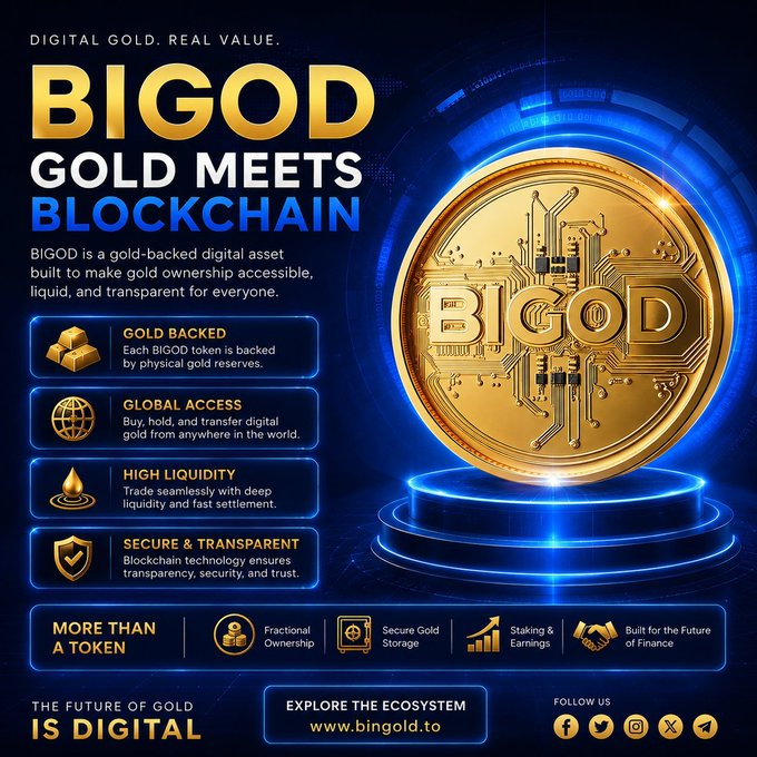 An advertisement for 'BIGOD' cryptocurrency with the tagline 'GOLD MEETS BLOCKCHAIN', describing it as a digital gold-backed asset with features like Gold Backed, Global Access, High Liquidity, and Secure & Transparent, directing viewers to www.bingold.to.