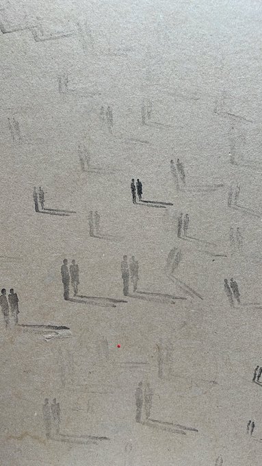 A grainy, atmospheric image showing shadowy figures scattered across a textured surface, possibly depicting a dreamlike or eerie scene with elongated shadows.