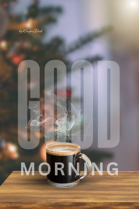 A steaming cup of coffee sits on a wooden table in front of a blurred Christmas tree, with the text 'GOOD MORNING' overlaid in large semi-transparent letters and a 'ChromeDesk' watermark.