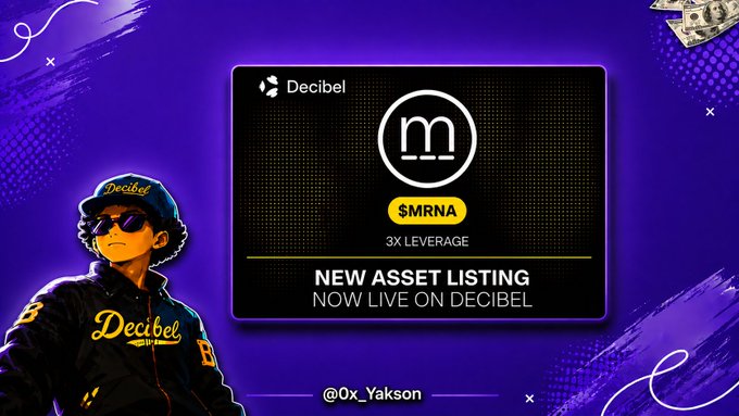 Decibel promotional graphic featuring a cartoon character in a cap and sunglasses, announcing the new asset listing of $MRNA with 3X leverage.