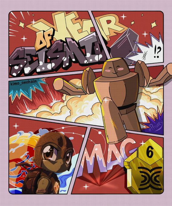 A vibrant comic-style illustration titled 'OVER SIZED' by kimo_onchain, featuring a large robot-like character and a girl with a helmet.