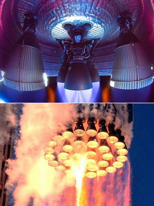 Two images show rocket engines firing: the top image displays a close-up of several large engine nozzles glowing purple and blue, while the bottom image shows a cluster of engines producing bright orange flames and thick smoke during a test launch.