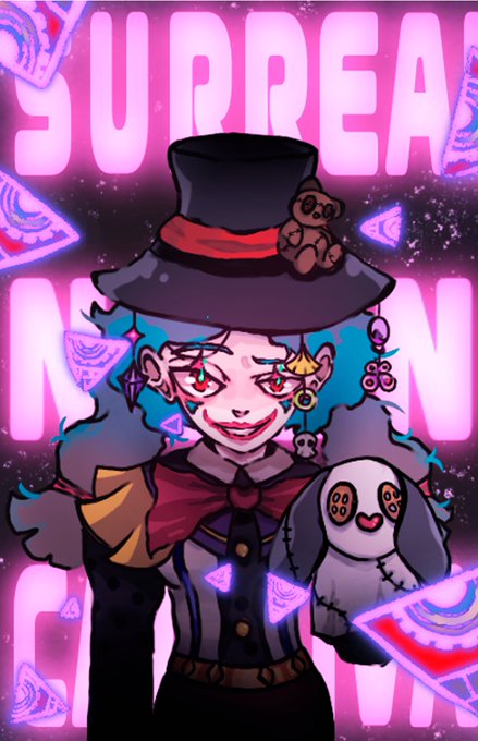 An animated illustration of a creepy, grinning character wearing a large top hat with a red ribbon, alongside a stitched doll, set against a pink 'SURREAL' background.