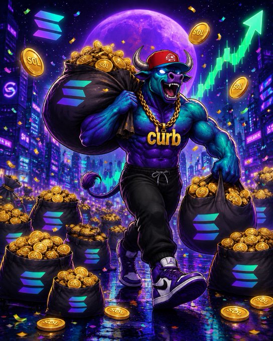 Vibrant crypto-themed artwork featuring a muscular blue bull character wearing a red cap and a gold chain that says 'curb', carrying multiple bags of Solana (SOL) coins with city skyline and moon in background.