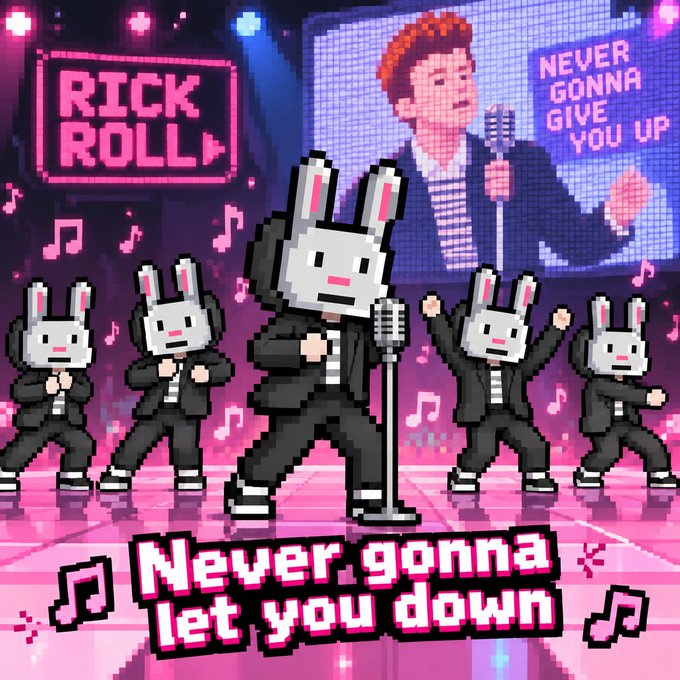 A pixel art image showing white rabbit-headed figures in suits dancing on a pink stage, with text reading 'RICK ROLL,' 'NEVER GONNA GIVE YOU UP,' and 'Never gonna let you down,' referencing the Rick Astley music video.