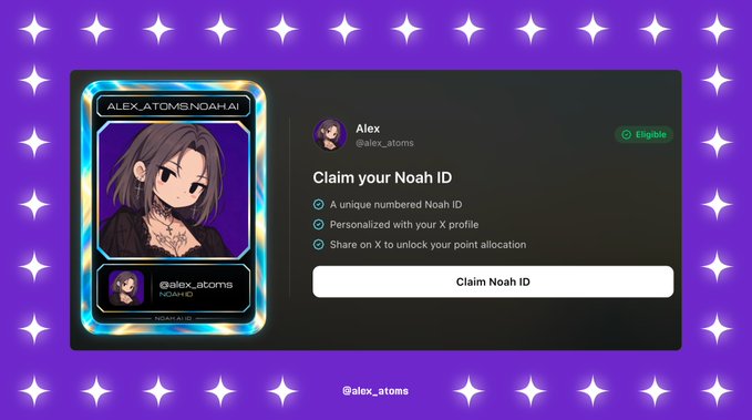 A purple-themed promotional graphic showing a Noah ID claim page for user @alex_atoms, featuring an anime-style avatar and listing benefits like a unique numbered ID and point allocation sharing.