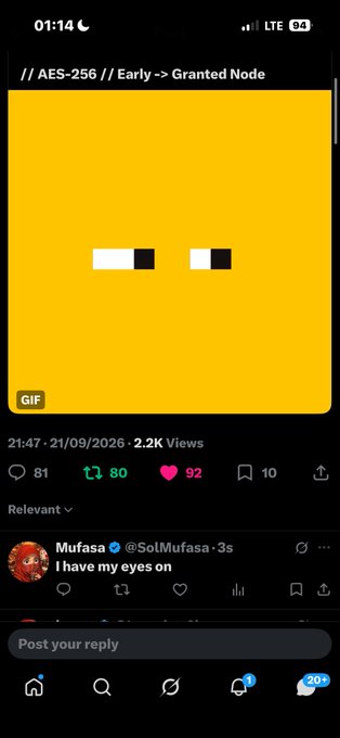 A screenshot of a social media feed (X/Twitter) showing a post with text '// AES-256 // Early -> Granted Node' and a minimalist yellow GIF with two pixelated eyes, posted at 21:47 on 21/09/2026.