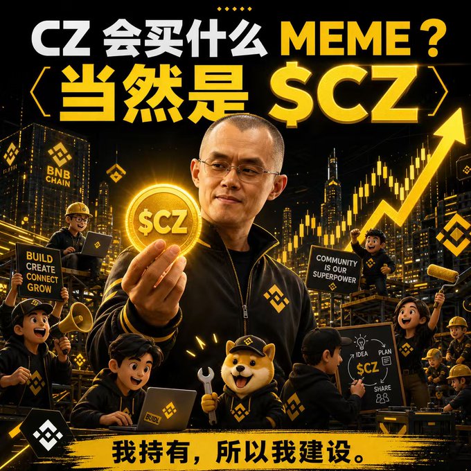 A meme-style promotional graphic asks "CZ 会买什么 MEME？" (What MEME will CZ buy?) and answers "当然是 $CZ" (Of course $CZ), featuring a central figure resembling Binance's Changpeng Zhao holding a glowing "$CZ" coin, surrounded by cartoon workers, BNB Chain logos, and an upward trending chart, with the tagline "我持有，所以我建设" (I hold, so I build) — visually reinforcing the post's tongue-in-cheek suggestion that CZ should simply buy the $CZ token himself.