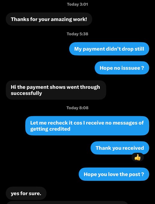 A text exchange shows a customer thanking for the work, confirming payment went through successfully, and affirming they love the post, relating to a $50 payment secured for a social media post promoting a web3 referral campaign.
