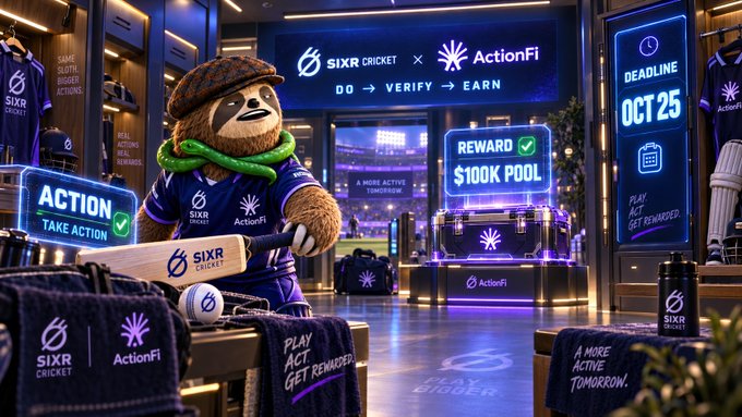 A sloth mascot wearing a blue sports jersey sits in a locker room with promotional banners for a 'SIXR CRICKET x ActionFi' collaboration, advertising a $100K reward pool, 'DO → VERIFY → EARN', and an October 25 deadline.