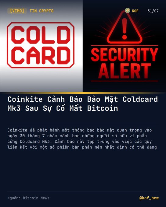 A Vietnamese-language news graphic from 'KOF' titled 'Coinkite Cảnh Báo Bảo Mật Coldcard Mk3 Sau Sự Cố Mất Bitcoin' regarding a security alert for the Coldcard Mk3 hardware wallet.